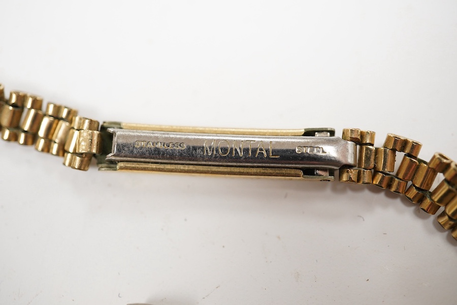 A lady's 1930's? 9ct gold manual wind wrist watch, no strap and 9ct gold Omega manual wind wrist watch on a gold plated bracelet. Condition - poor to fair